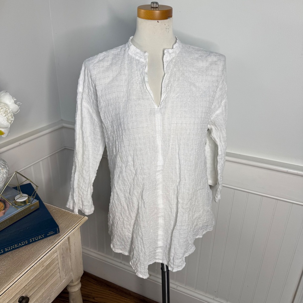 Eileen Fisher White Organic Cotton Crinkle Texture Tunic Blouse XS